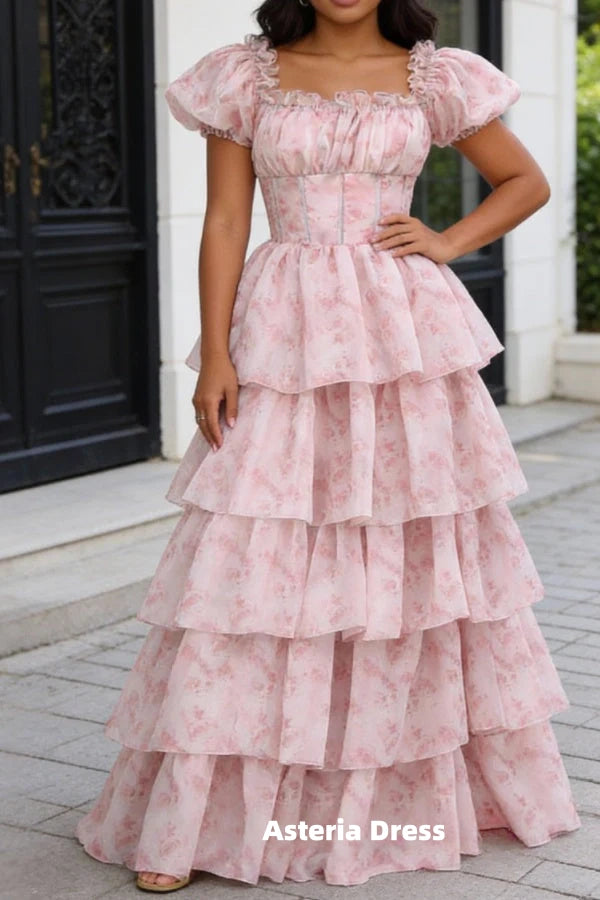 Blush Pink A Line Square Neck Tiered Prom Dress with Ruffles