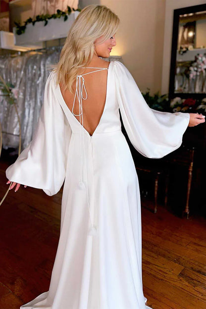 White V-Neck Long Sleeve Backless Long Wedding Dress with Slit,AST1205