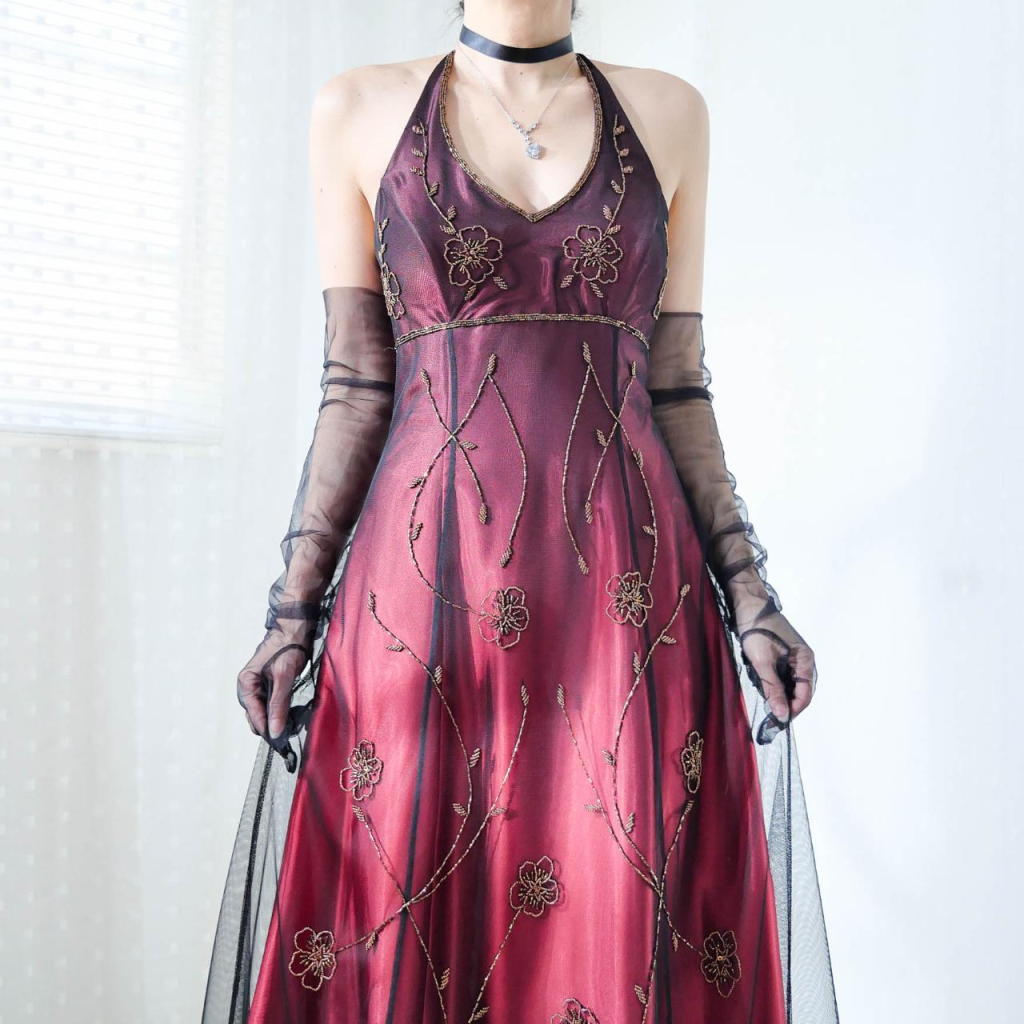 Vintage Fuchsia Halter-Neck A-Line Beaded Chiffon Long Prom Dress Evening Gown