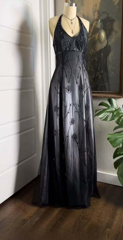 Vintage Fuchsia Halter-Neck A-Line Beaded Chiffon Long Prom Dress Evening Gown