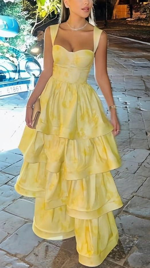 Charming Yellow Floral Long Prom Dresses 2026 School Graduation Dress Ruffle Party Gown,AST2093