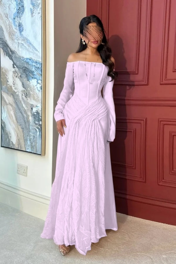 Lovely White Off-the-Shoulder Prom Dress Long Sleeves with Pleated