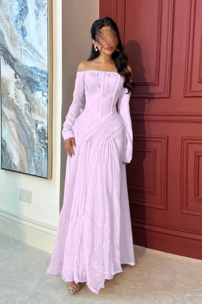 Lovely White Off-the-Shoulder Prom Dress Long Sleeves with Pleated