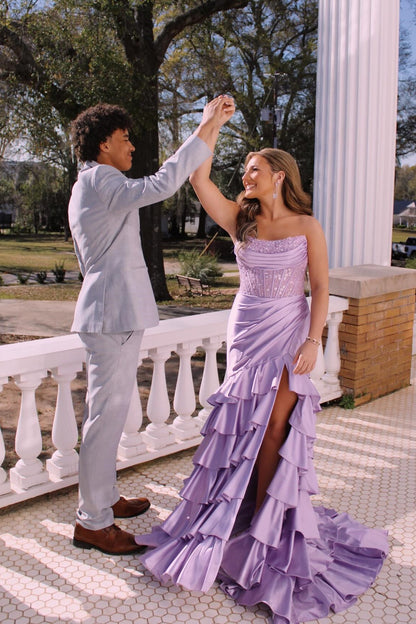 Royal Blue Mermaid Strapless Appliques Ruffle Prom Dress with Slit