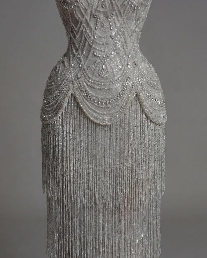 Luxurious Silver Strapless Prom Dress Sleeveless Beaded withstone