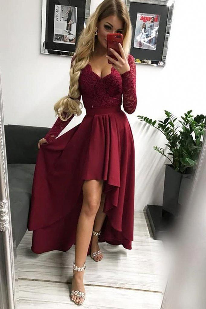 burgundy long sleeves v-neck applique lace chiffon long evening dresses