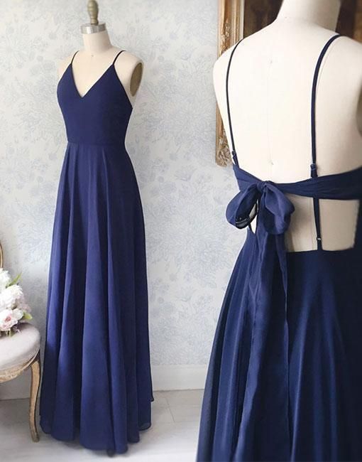 Simple blue v neck chiffon long prom dress, evening dress
