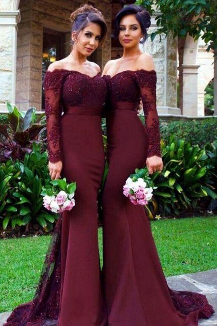 Maroon Lace and Spandex Long Sleeves Bridesmaid prom Dresses