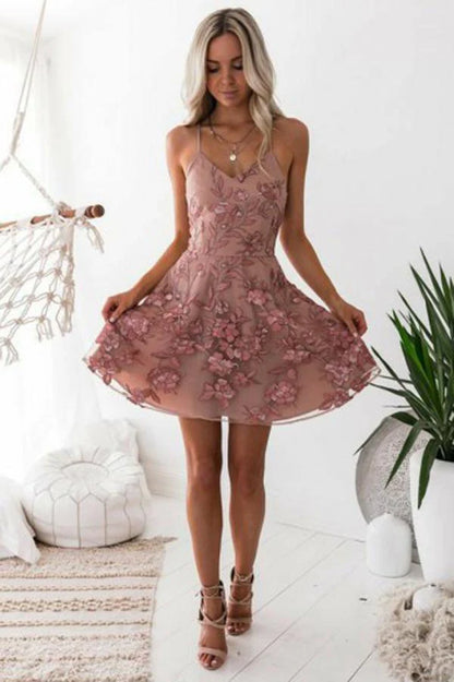 Charming Blush A-Line Homecoming Dresses Short Prom Dress with Appliques , AST1147