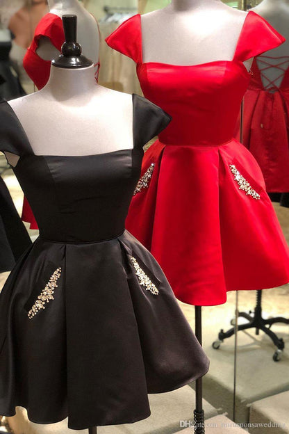 Cap Sleeves Short Navy Blue Homecoming Dress with Lace Up Back