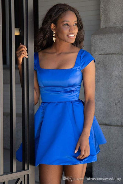 Cap Sleeves Short Navy Blue Homecoming Dress with Lace Up Back