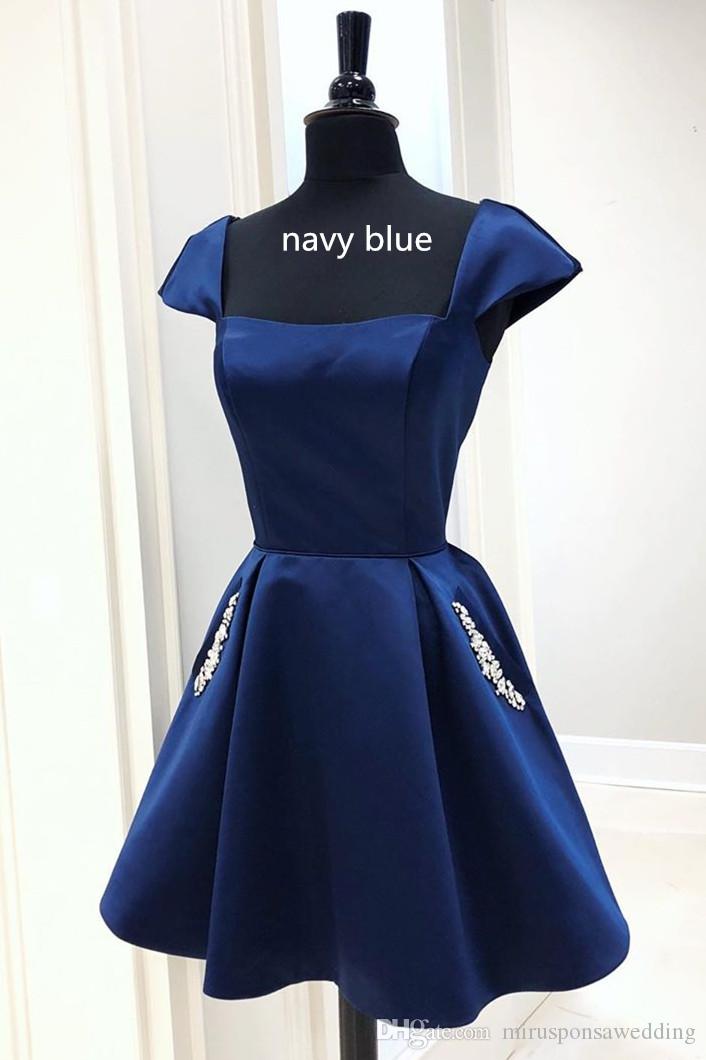 Cap Sleeves Short Navy Blue Homecoming Dress with Lace Up Back
