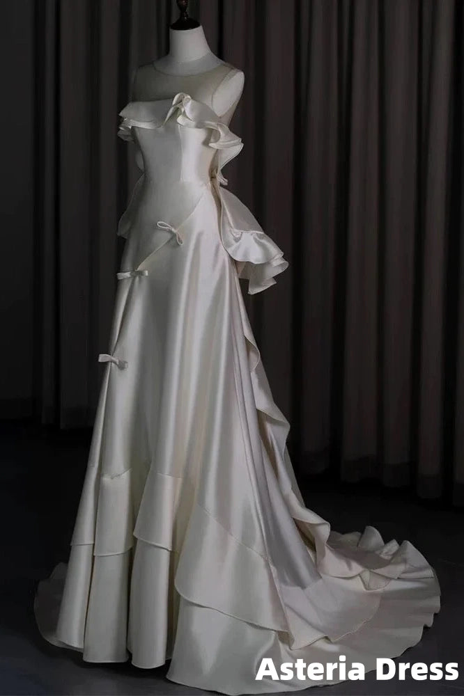 Classy Ball Gown Scoop Satin Ruffles Ivory Wedding Dresses Brides Dress