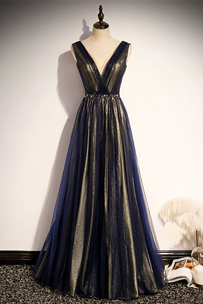 Navy Blue A-line Tulle Long Party Dress