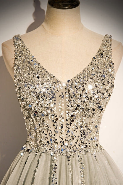 Classic A-line Grey and Silver Sequins Formal Dress