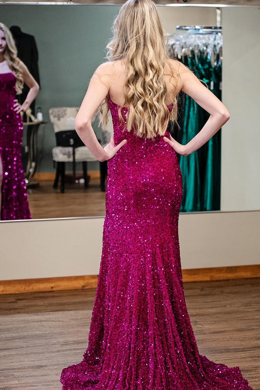 Strapless Fuchsia Sequin Mermaid Long Prom Dress with Slit