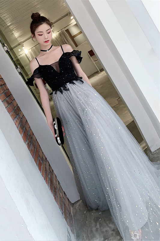 A-line Black and Silver Long Prom Dress