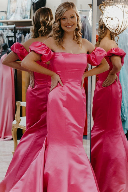 Elegant Hot Pink Mermaid Off the Shoulder Long Formal Dress