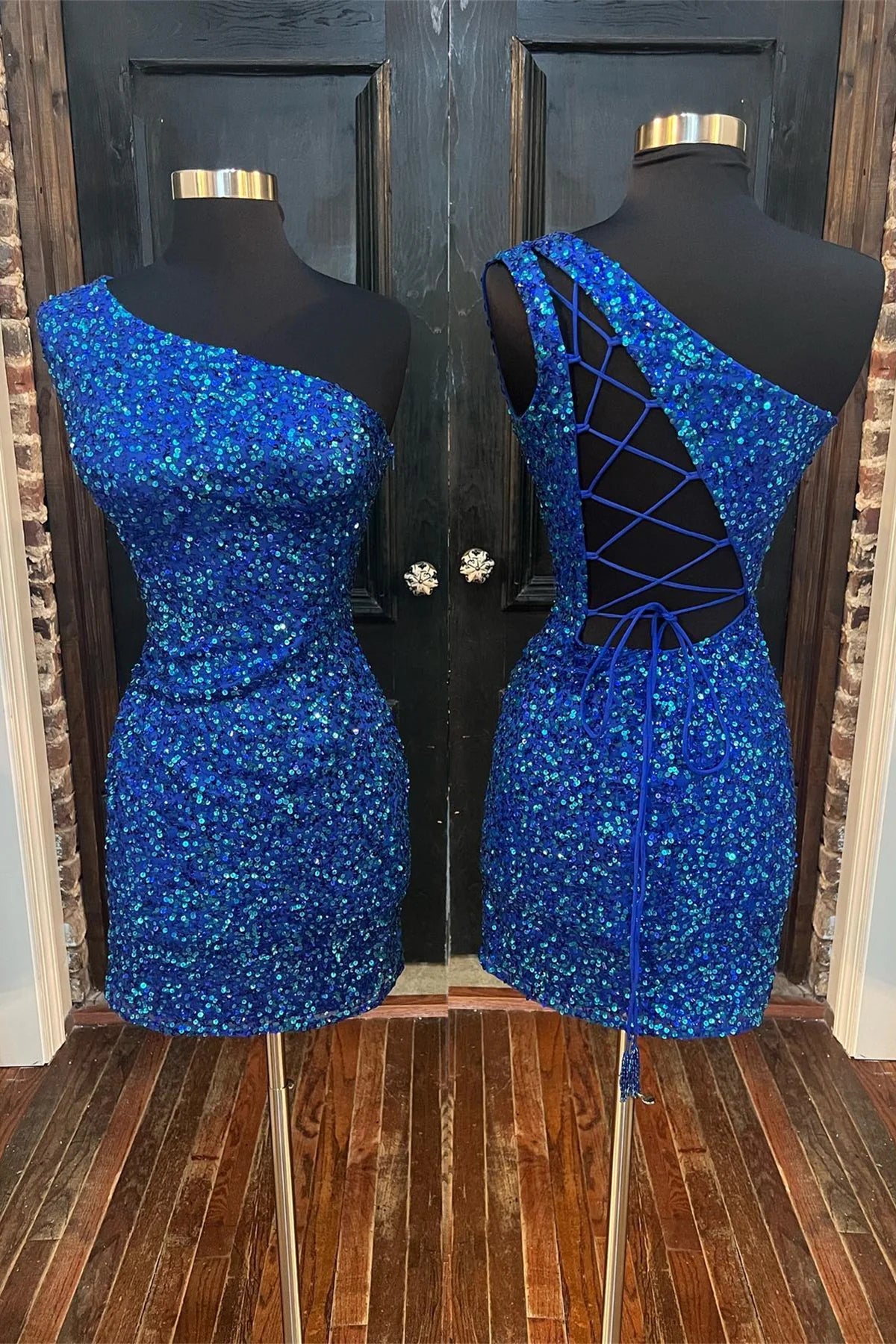 Sparkle Blue Sequin One Shoulder Bodycon Party Dress Homecoming Dresses , AST1176