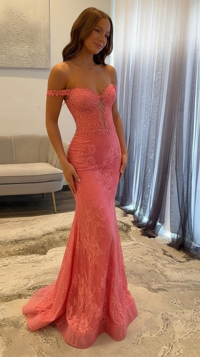 Off The Shoulder Mermaid Prom Dresses Lace Appliques Evening Party Dress,AST2290