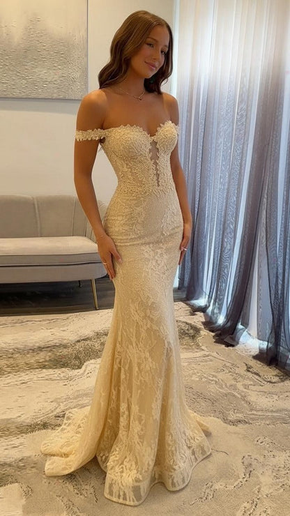 Off The Shoulder Mermaid Prom Dresses Lace Appliques Evening Party Dress,AST2290