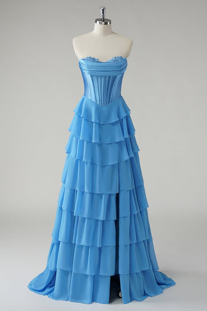 Stunning Blue Strapless LayeredBackless Prom Dress