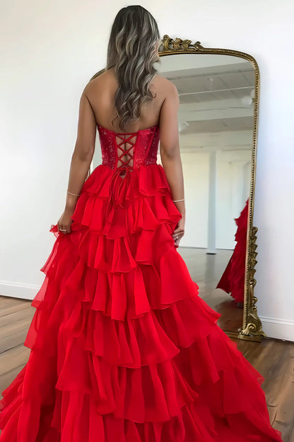 Gorgeous A Line Strapless Daffodil Tiered Chiffon Prom Evening Dresses with Hot Stone