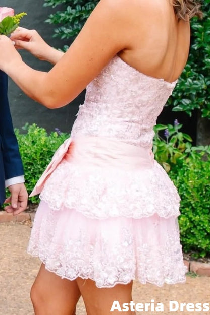 Sweet Pink Applique Lace Homecoming Dress Strapless Ruffle Birthday Party Dresses