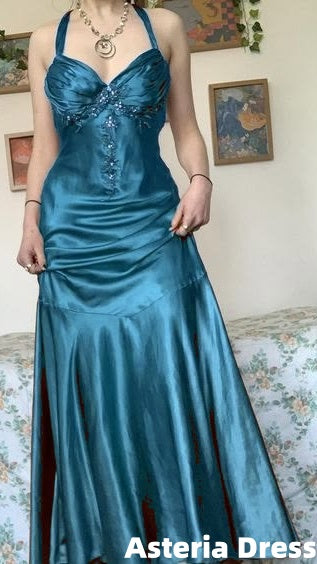 Halter A-Line Satin Long Prom Dress Vintage Formal Party Dress
