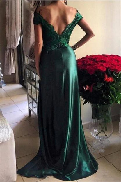 Dark Green Prom Dresses Off-the-shoulder Split Evening Dresses,AST1284