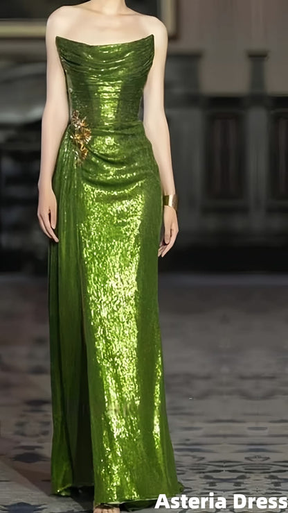 Classic Green Strapless Mermaid Prom Dress Sequins Evening Formal Gown With Slit