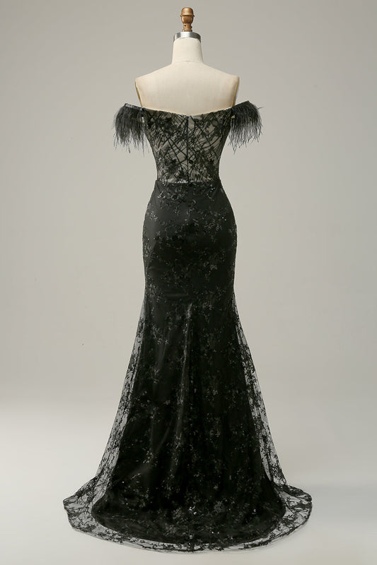 Classic Black Off-the-shoulder Feather Sequins Prom Dress