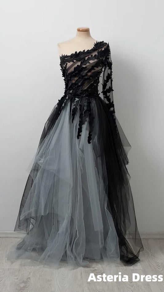 Black Ball Gown Wedding Dresses Tulle One Shoulder Formal Prom Dress