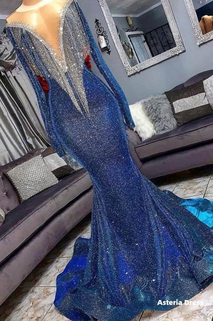 Luxury Navy Blue Long Sleeve Mermaid Prom Dresses, Sequines See Through Neckline Evening Dresses