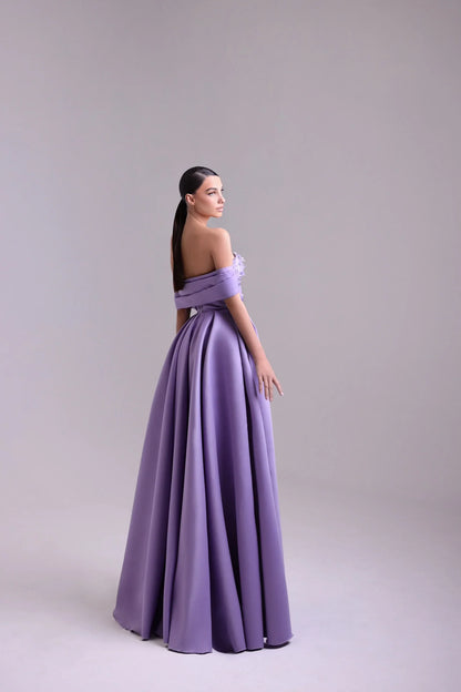 Fashion Purple Off-the-Shoulder Prom Dress A-Line Pleated with Flower