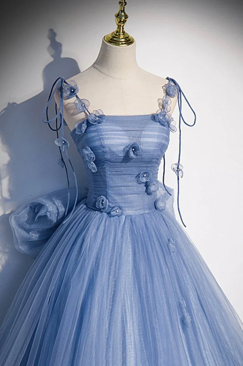 Busty Bluetti Strap Straight Across Prom Dress Sheer with Bow Knot