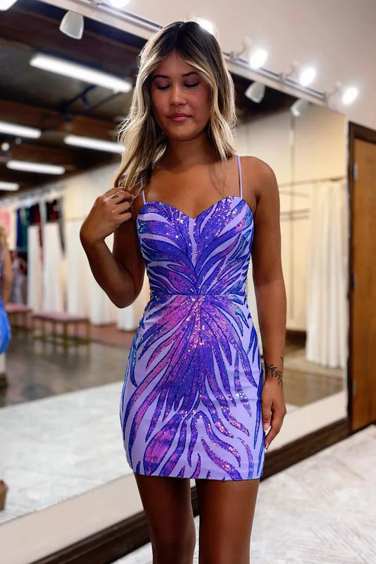 Cute Bodycon Sweetheart Lavender Sequins Short Homecoming Dresses , AST1127