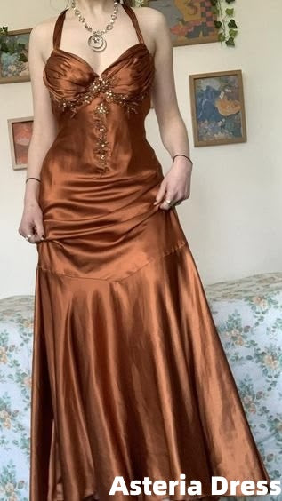 Halter A-Line Satin Long Prom Dress Vintage Formal Party Dress