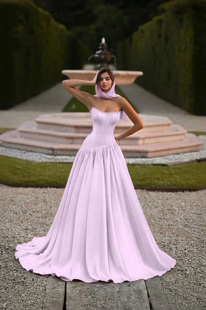 Elegant Baby Blue Strapless Prom Dress Sleeveless A-Line Floor Length Satin