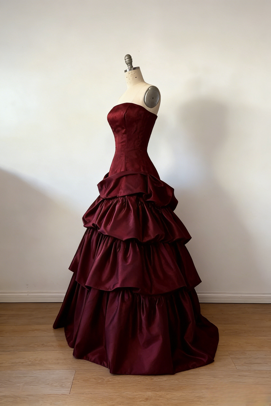 Gorgeous A-Line Burgundy Prom Dress Satin Strapless  Long Evening Dress Sleeveless Birthday Dress