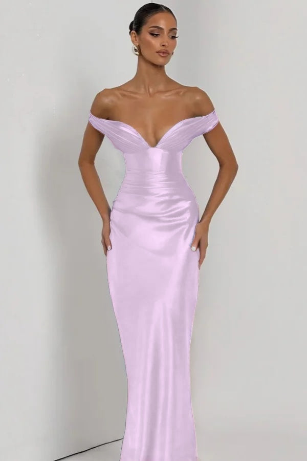 Simple Dark Nvay Off-the-Shoulder Prom Dress Sleeveless Slimming Satin