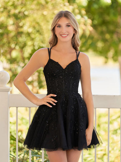 A-Line Lace Spaghetti-Straps Black short Homecoming Dress, AST1082