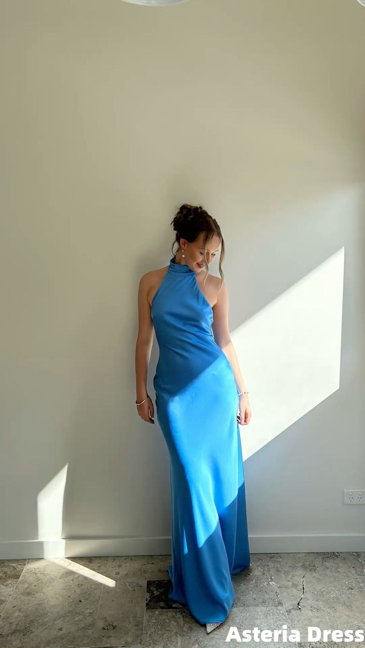 Lovely Light Blue Halter Open Back Satin Long Party Prom Dresses