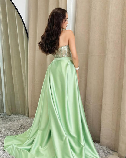 Shining Sage Strapless V-Neck Prom Dress Long Sequins Sheer with