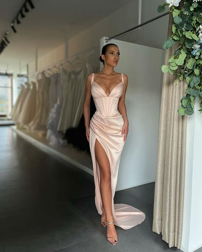 Sexy V Neck Mermaid Prom Dress Pleated with High Slit