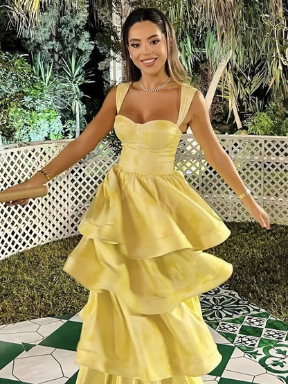 Charming Yellow Floral Long Prom Dresses 2026 School Graduation Dress Ruffle Party Gown,AST2093