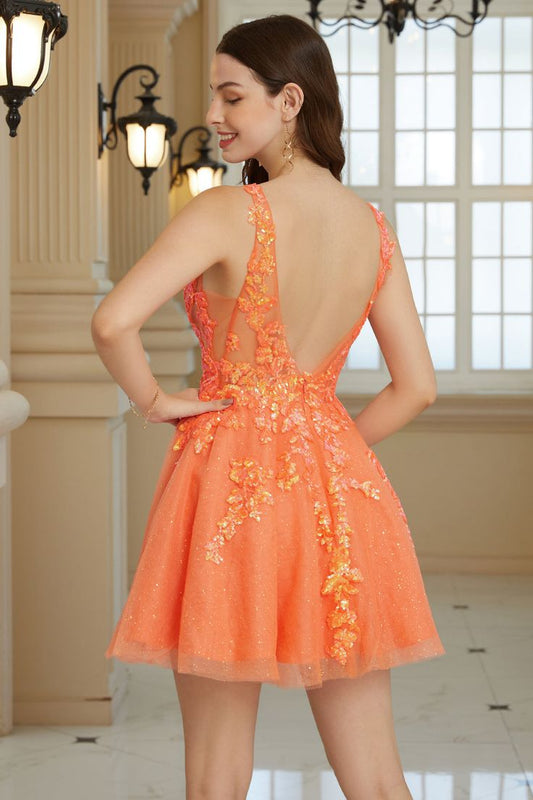 Sequined V Neck Backless Short Homecoming Dress, AST1074