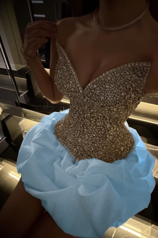 Radiant Sleeveless Rhinestone V-Neck Mini Homecoming Prom Dress With Pleated