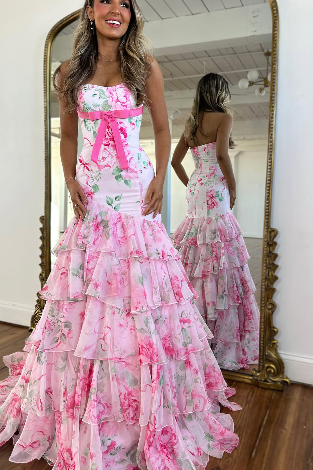 Cute Mermaid Sweetheart Blue White Floral Chiffon Prom Dress