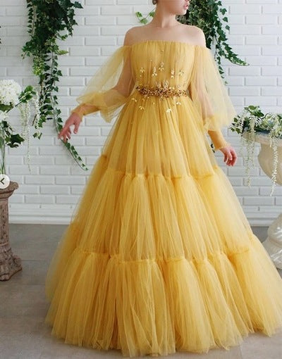 Yellow tulle lace long prom dress party dress